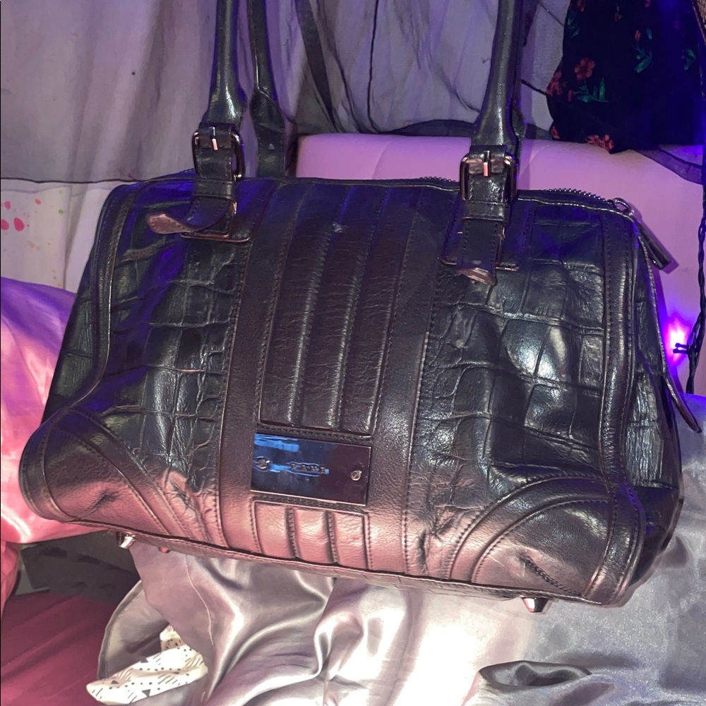 VTG L.A.M.B. Gwen Stefani Black Croc-Embossed Leather Walderston Satchel - Picture 5 of 5